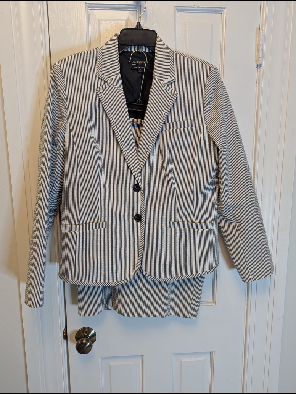 Striped Seersucker 2pc Suit Cream & Black - Classic Women's Skirt Suit
